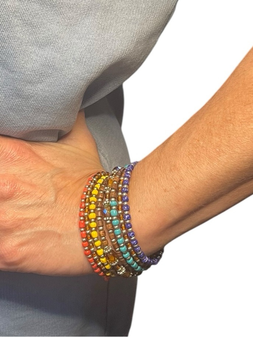 Multicolor Memory Wire Bracelet Layered Beaded Statement Cuff - Picture 3 of 7